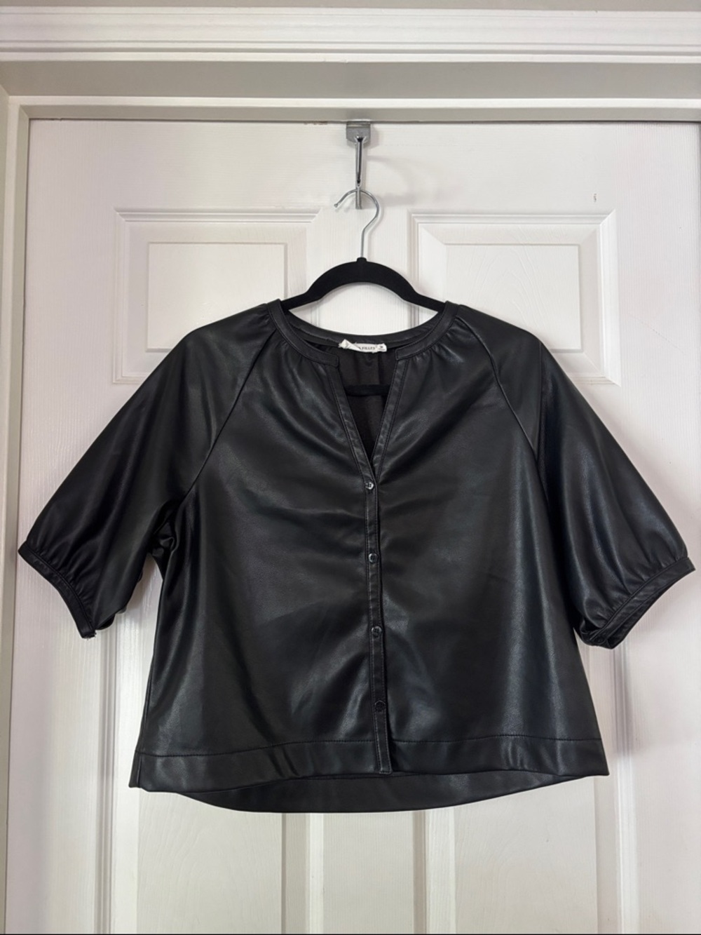 Avec Les Filles Black Faux Leather Button-Front Shirt